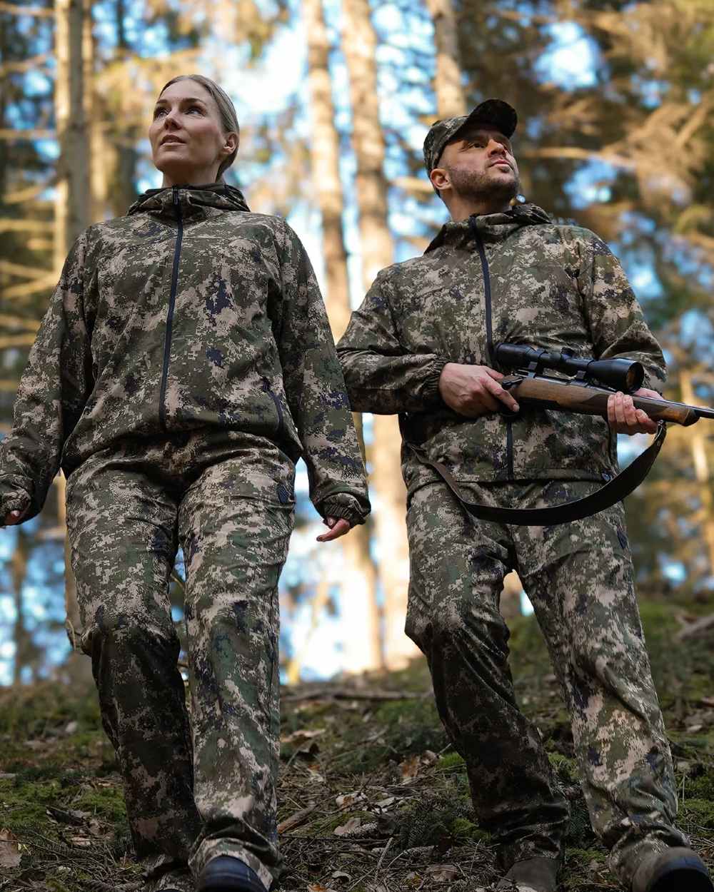 Camo coloured Northern Hunting Kjell Balk Tanatex Hunting Trousers on forest background