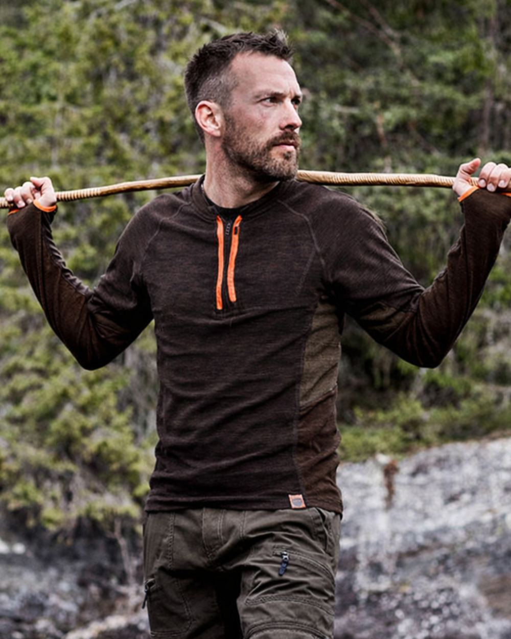Brown coloured Northern Hunting Mens Bjorn Fleece Undershirt on forest background
