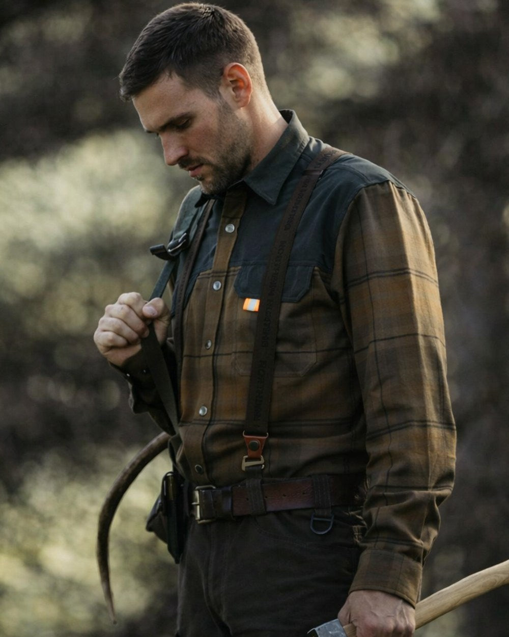 Brown coloured Northern Hunting Mens Kjall Cotton Flannel Shirt on forest background