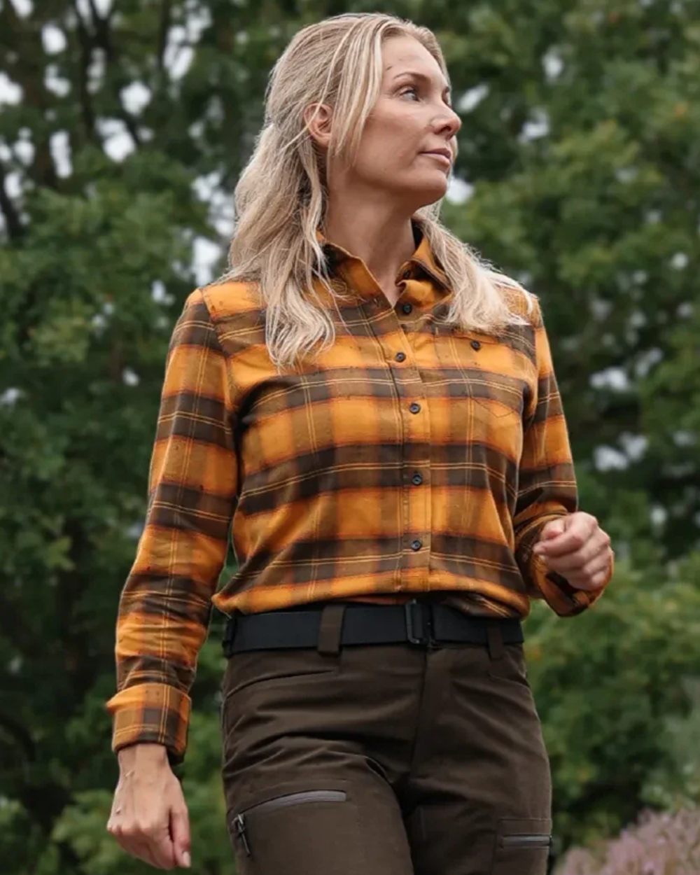 Buckthorn coloured Northern Hunting Womens Astrid Organic Cotton Shirt on forest background