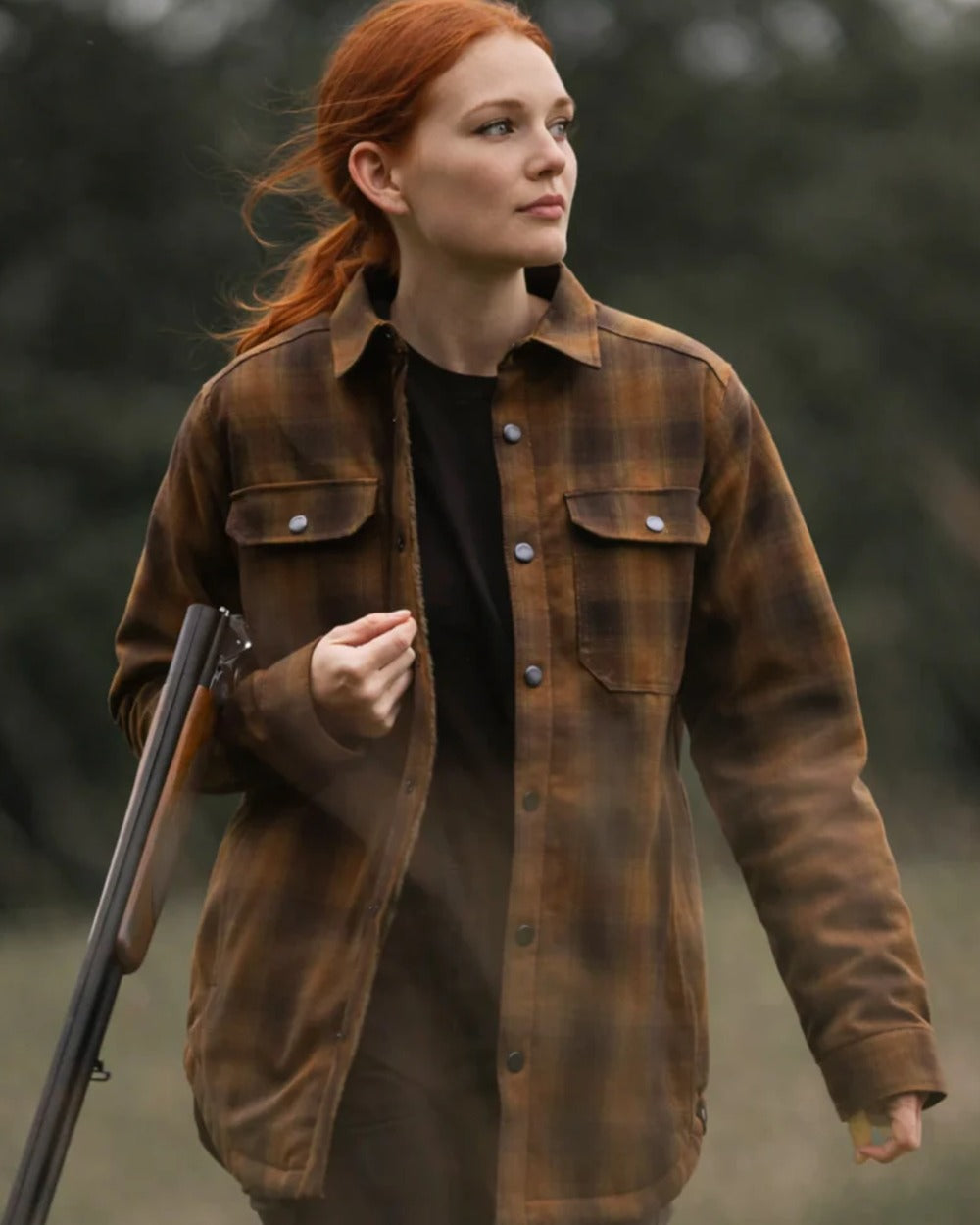 Brown coloured Northern Hunting Womens Estrid Insulated Flannel Shirt on forest background