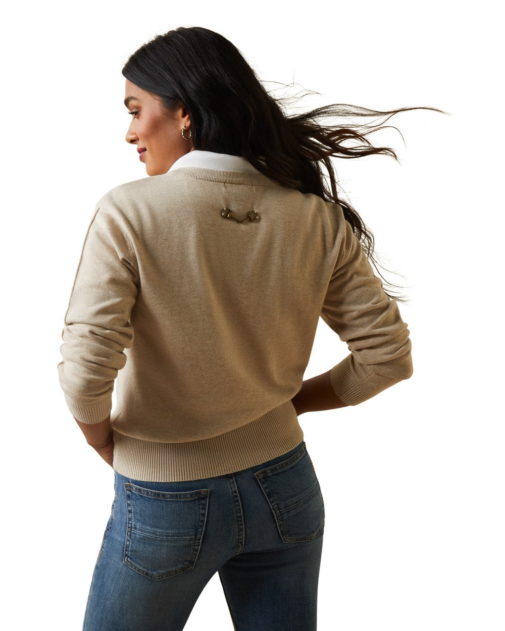 Oatmeal Coloured Ariat Womens Peninsula Sweater On A White Background