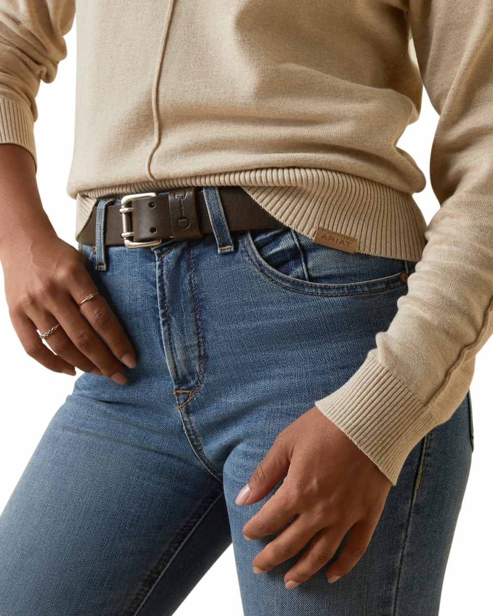 Oatmeal Coloured Ariat Womens Peninsula Sweater On A White Background