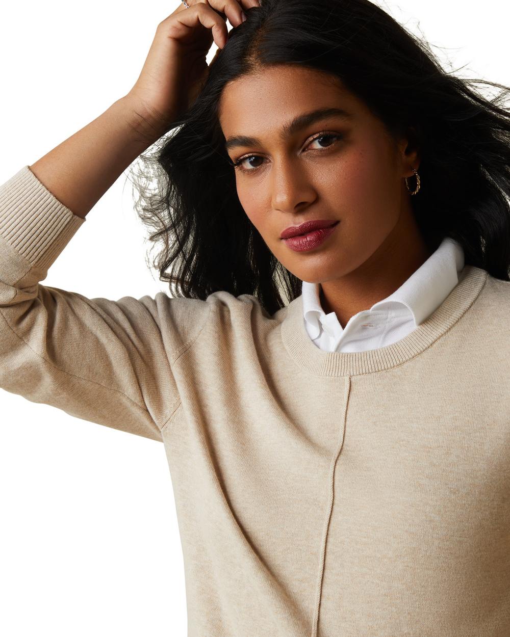Oatmeal Coloured Ariat Womens Peninsula Sweater On A White Background