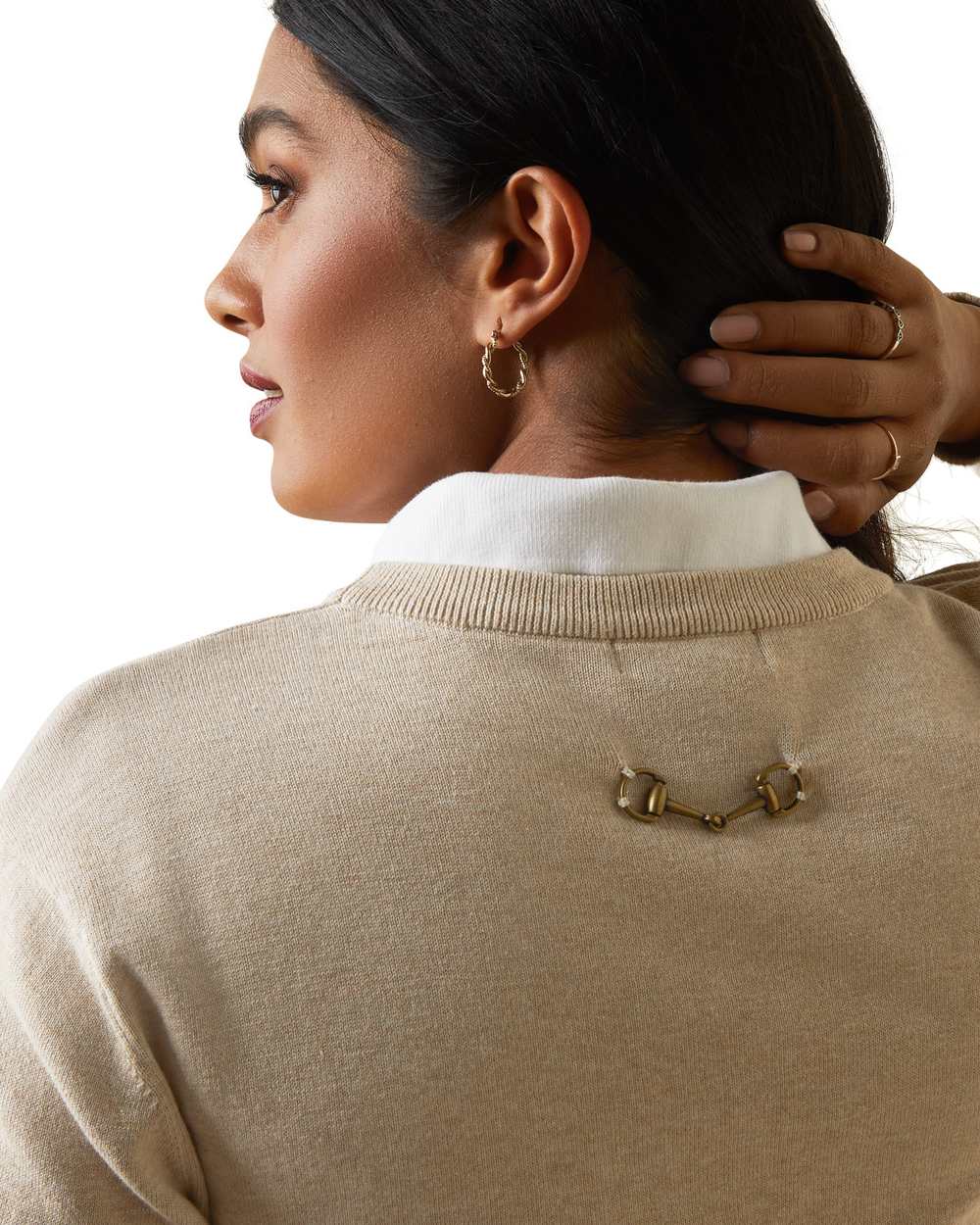 Oatmeal Coloured Ariat Womens Peninsula Sweater On A White Background