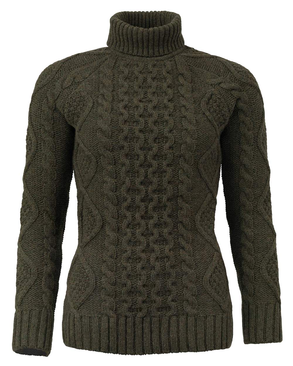 Olive Coloured Laksen Knightsbridge Cableknit Rollneck On A White Background
