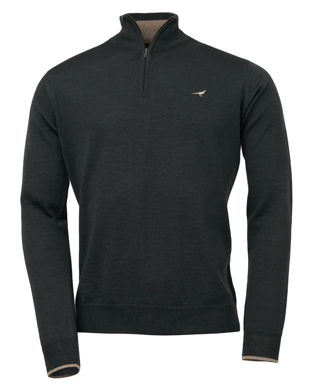 Olive Coloured Laksen Norfolk Zip Neck Merino Sweater On A White Background