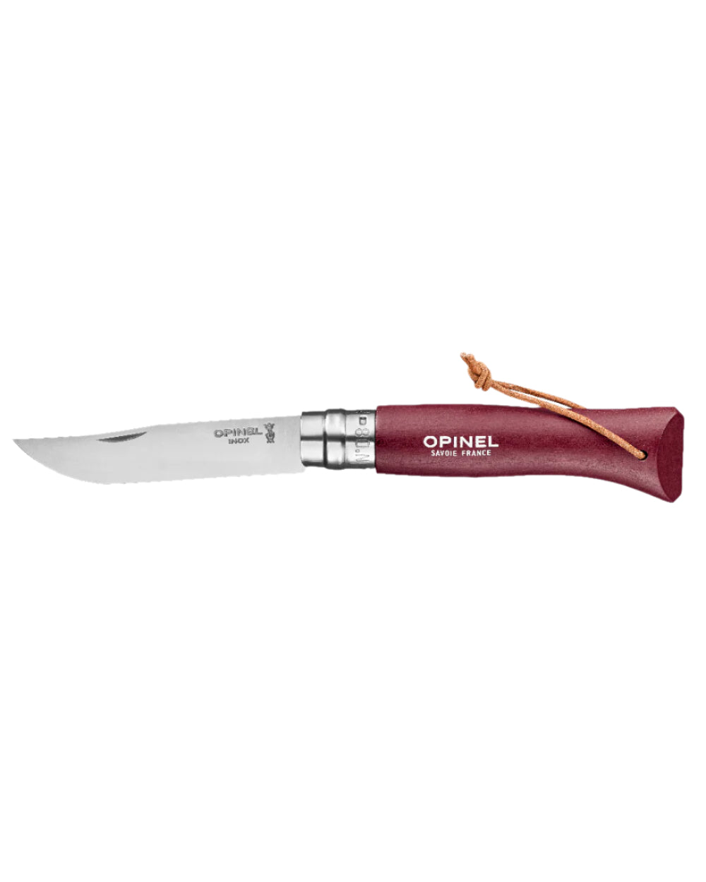 Burgundy coloured Opinel Colorama Trekking Knife on white background