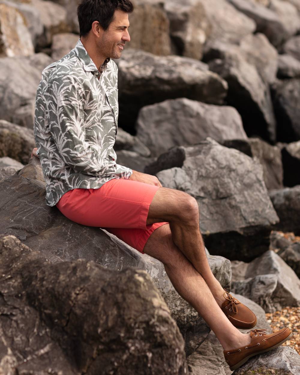 Sand Coloured Orca Bay Creek Mens Deck Shoes On A Rock Background