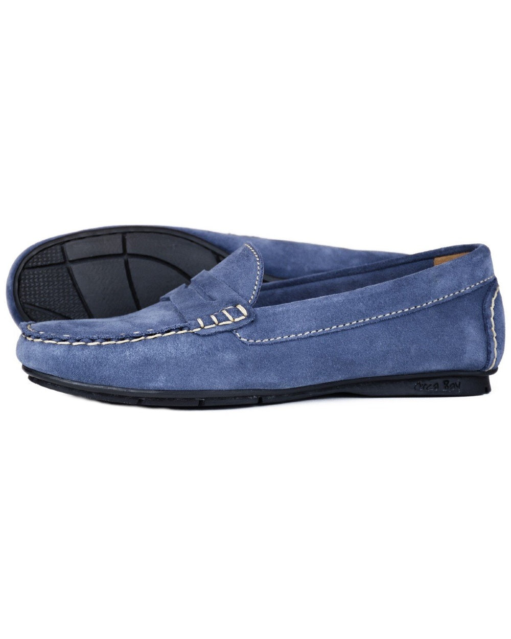 Dark Denim Coloured Orca Bay Womens Florence Suede Loafers On A White Background