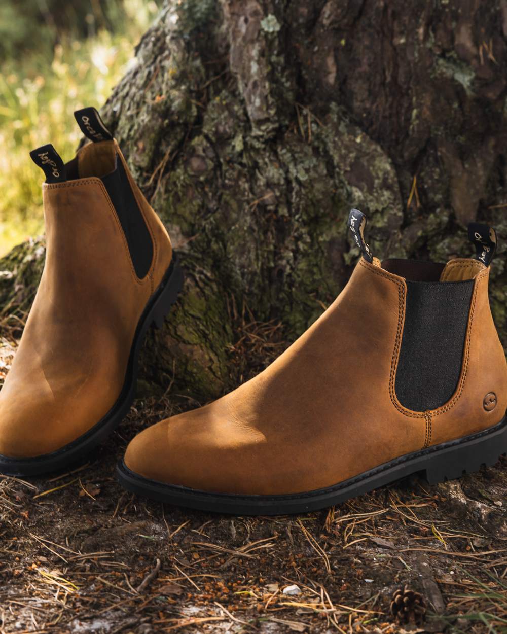 Sand coloured Orca Bay Mens Henley Shoes on tree background