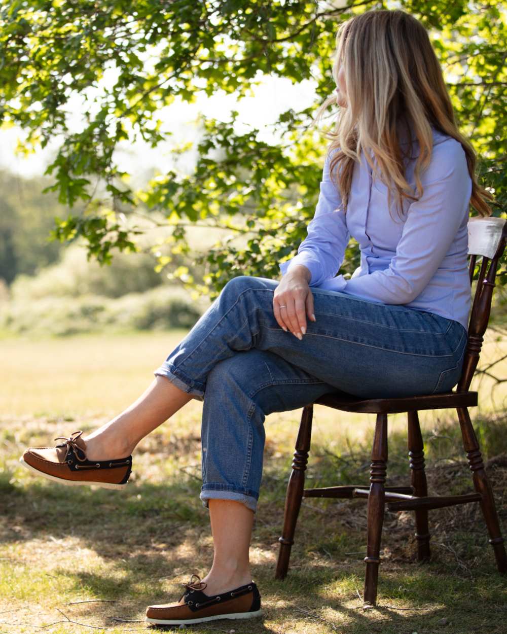Sand Navy Coloured Orca Bay Womens Clovelly Deck Shoes on outdoor background