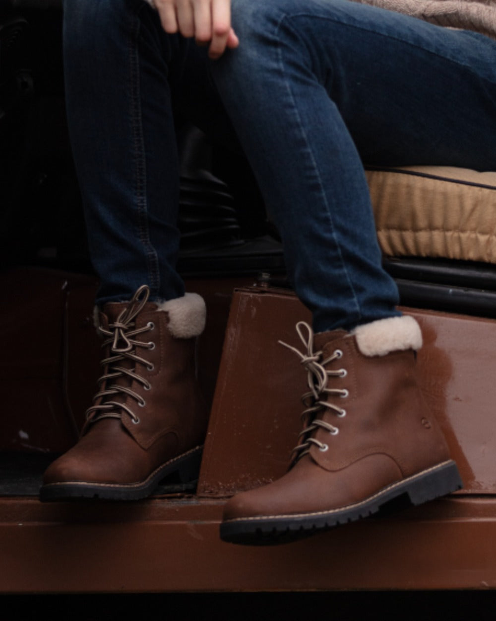 Brown coloured Orca Bay Womens Real Sheepskin Lining Pennine Boots on outdoor background