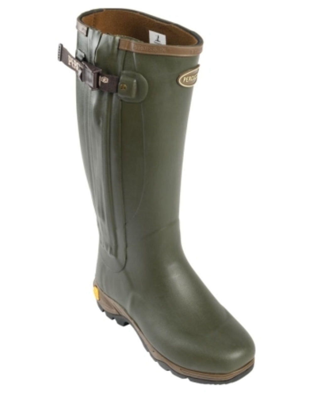 Khaki coloured Percussion Cambridge Neoprene Full Zip Wellingtons on white background