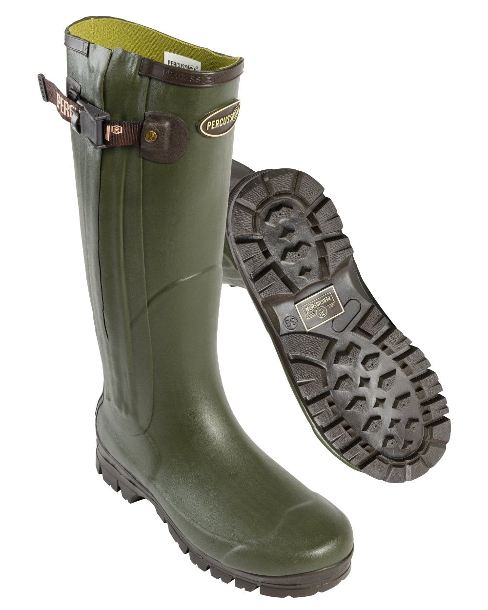 Green coloured Percussion Chantilly Full Zip Wellington Boots on white background