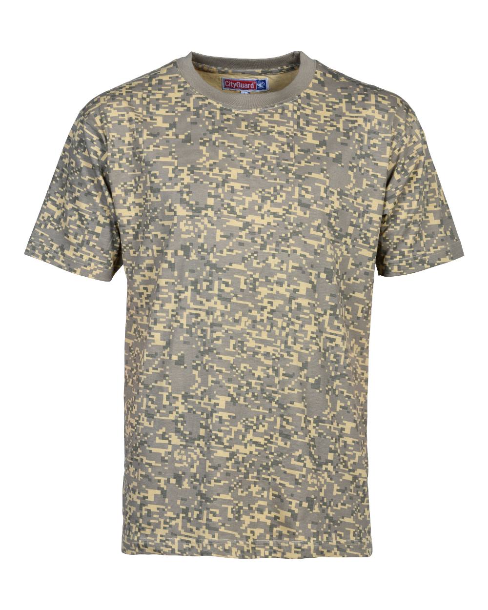 Green Beige coloured Percussion Digicam T-Shirt on white background