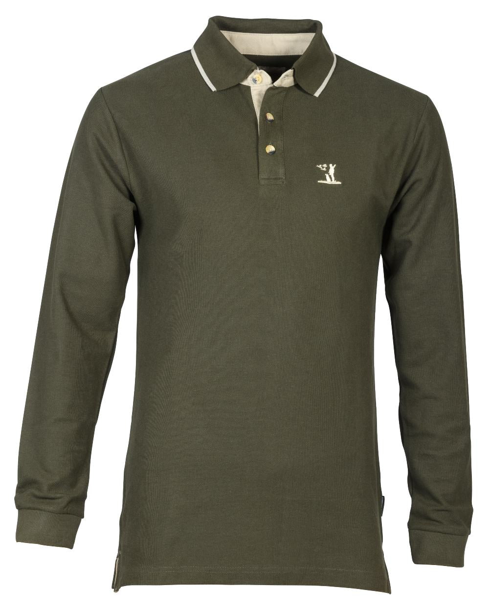 Khaki coloured Percussion Long Sleeve Polo Shirt on white background