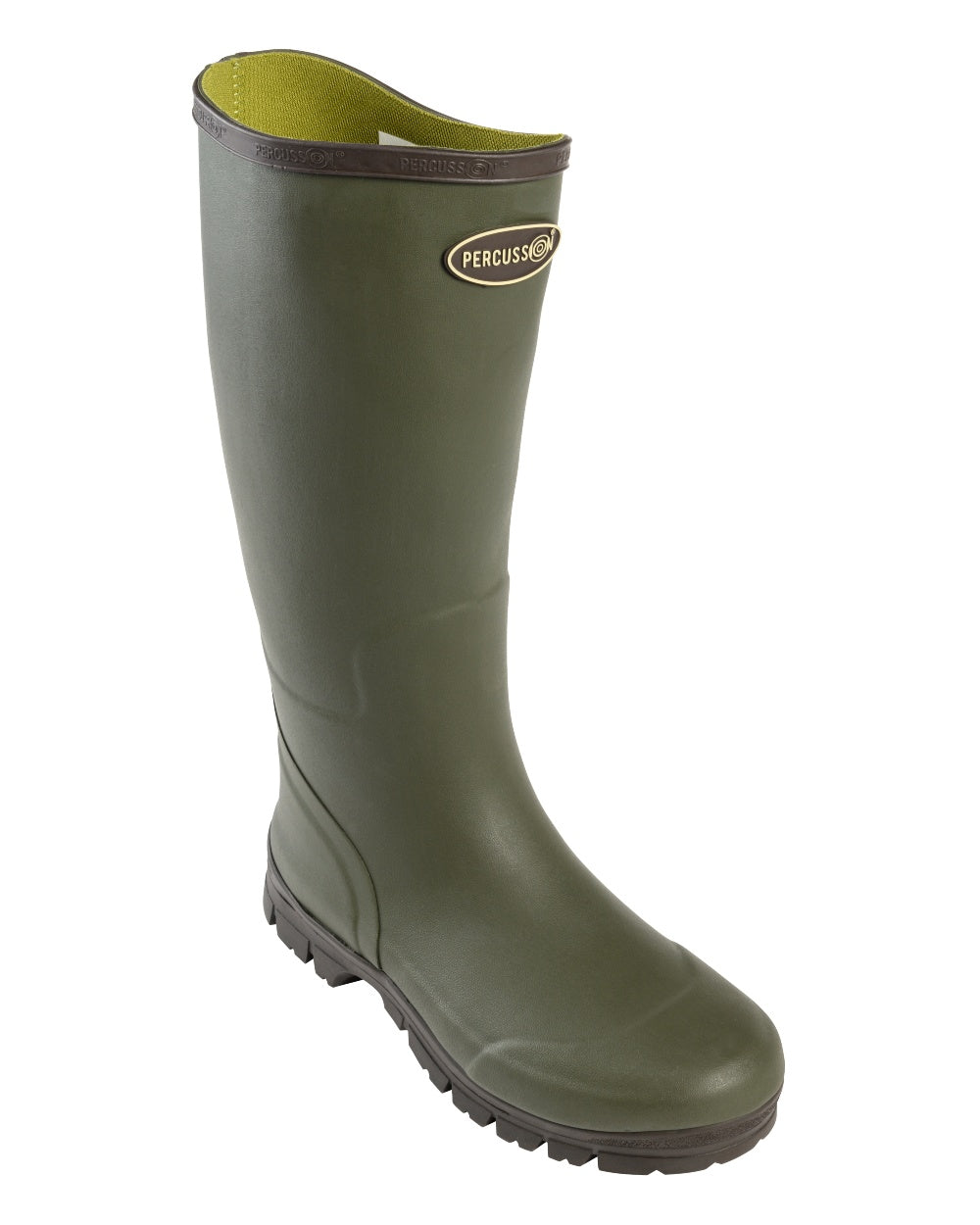 Green coloured Percussion Marly Hunting Wellington Boots on white background