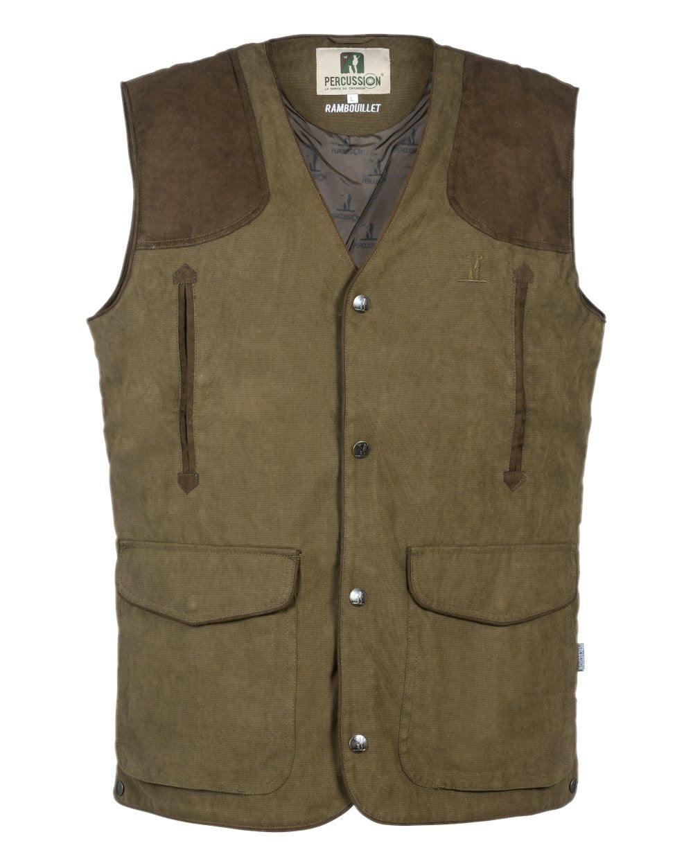 Khaki coloured Percussion Rambouillet Original Waterproof Waistcoat on white background