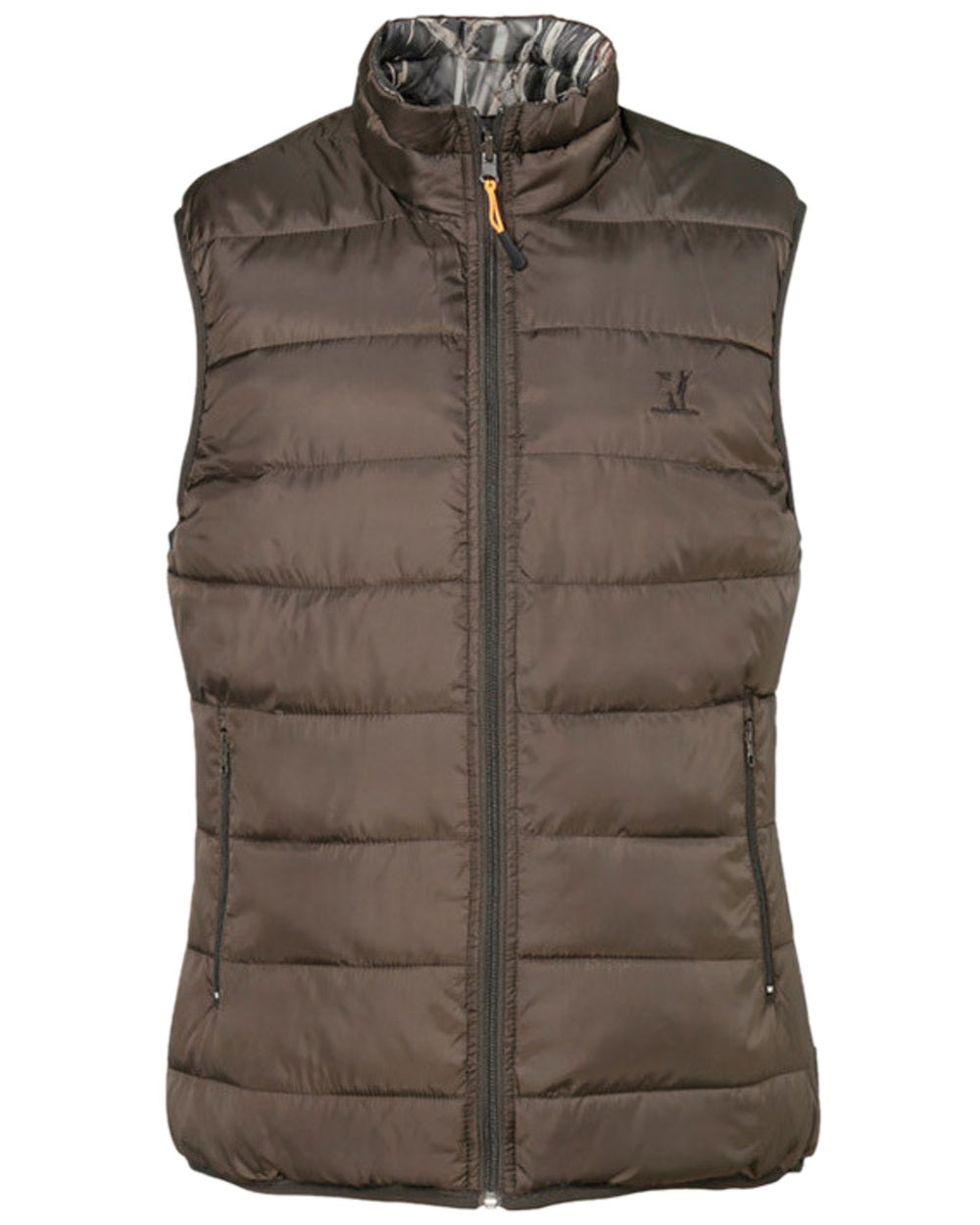Brown Ghost Wet Camo Coloured Percussion Reversible Quilted Hunting Gilet on white background