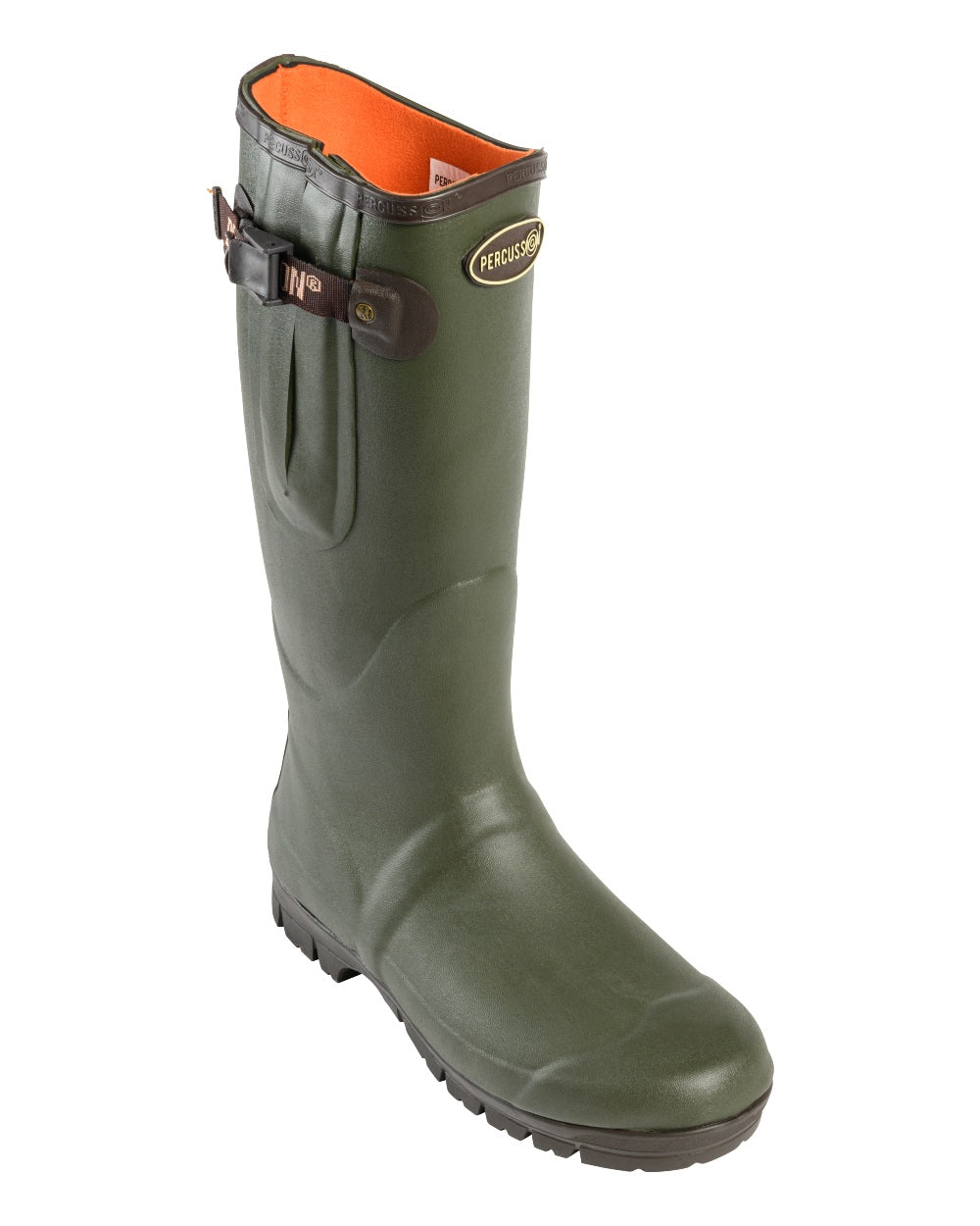 Khaki coloured Percussion Sologne Neoprene Wellington Boots on white background