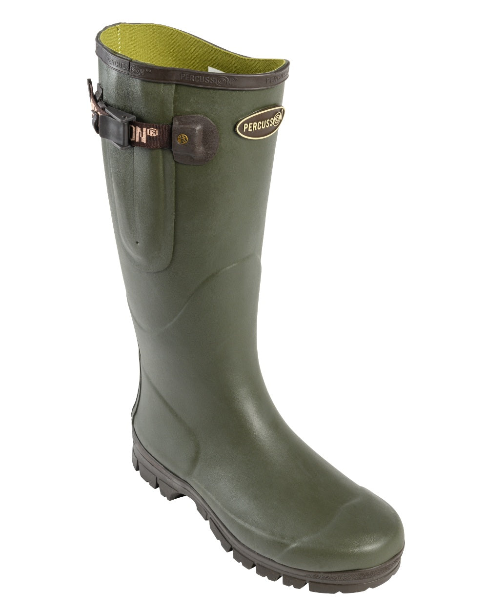 Green coloured Percussion Tradition Wellington Boots on white background