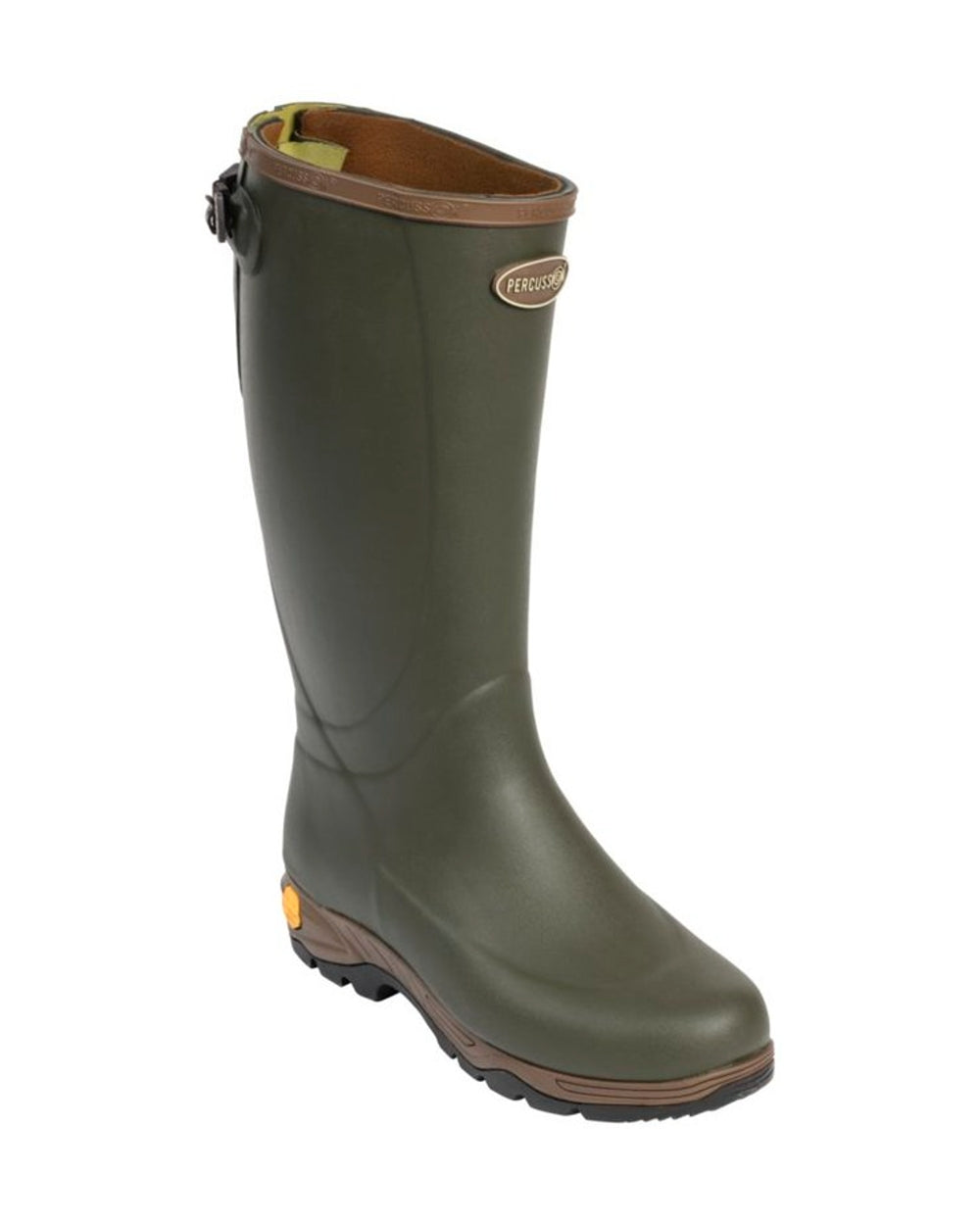 Khaki coloured Percussion Oxford Neoprene Wellington Boots on white background