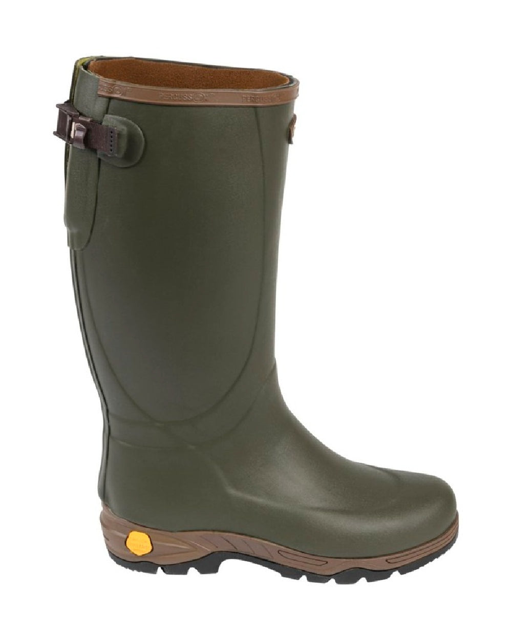 Khaki coloured Percussion Oxford Neoprene Wellington Boots on white background