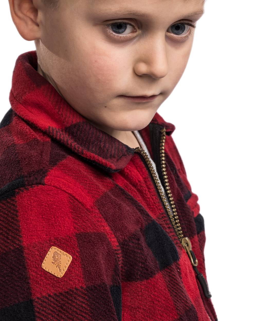 Red Black coloured Pinewood Childrens Canada Fleece Shirt on white background