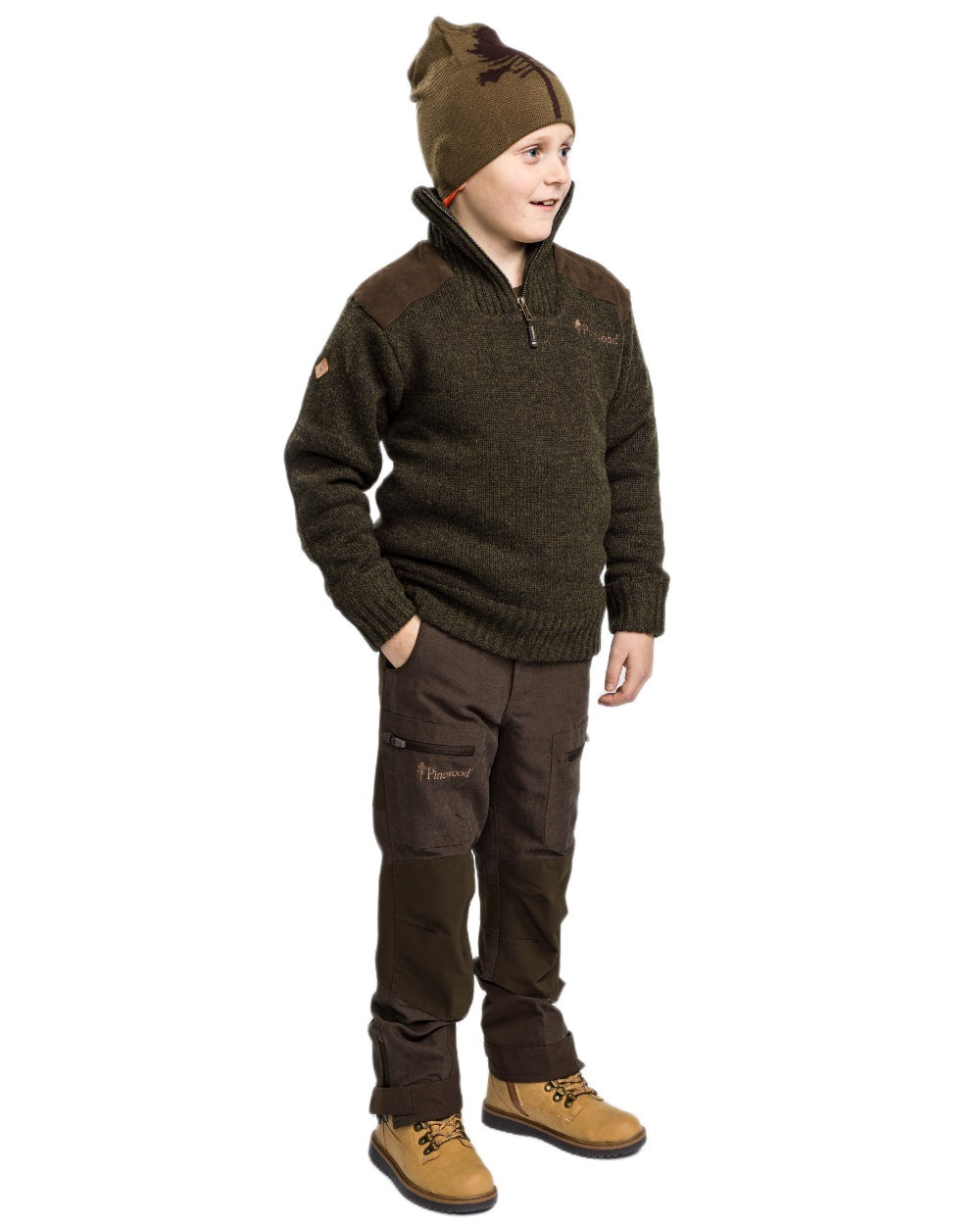 Suede Brown Dark Olive coloured Pinewood Childrens Caribou Hunt Trousers on white background