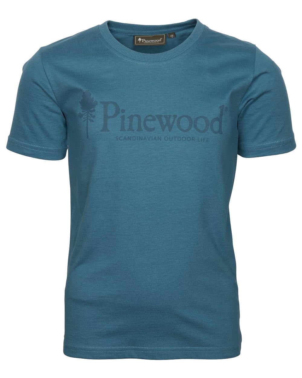 Azur Blue coloured Pinewood Childrens Outdoor Life T-Shirt on white background