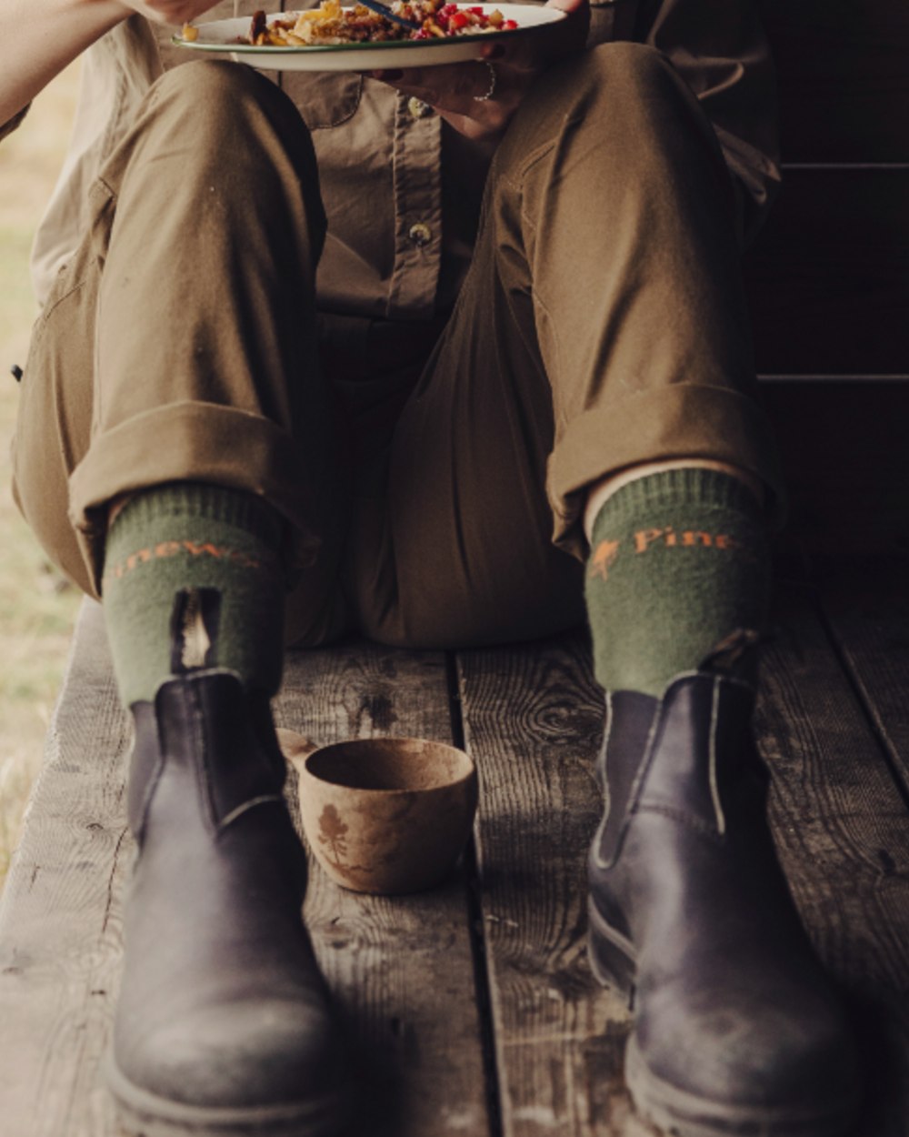 Olive coloured Pinewood Insectsafe Long Socks on outdoor background