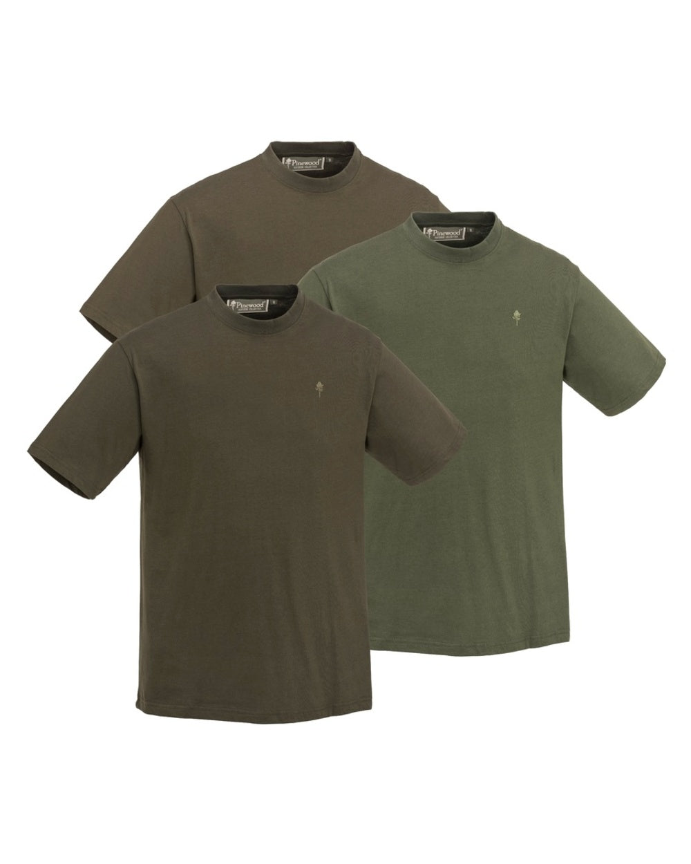 Green Hunting Brown Khaki Coloured Pinewood Mens 3-Pack T-Shirt on white background
