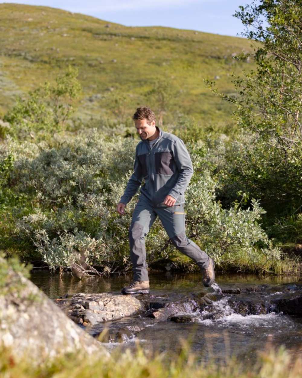 Urban Grey Dark Anthracite Coloured Pinewood Mens Abisko Brenton Trousers on forest background