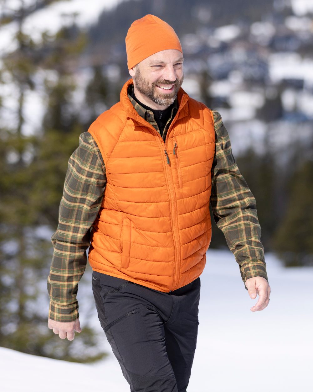 Burned Orange Coloured Pinewood Mens Abisko Insulation Vest on snow background