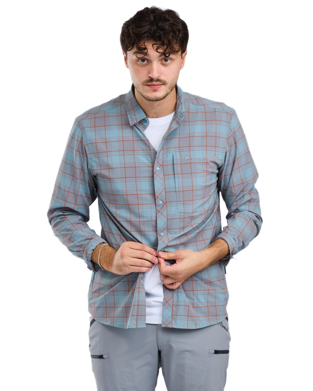 Aqua Grey coloured Pinewood Mens Abisko Trekking InsectSafe Long Sleeve Shirt on white background