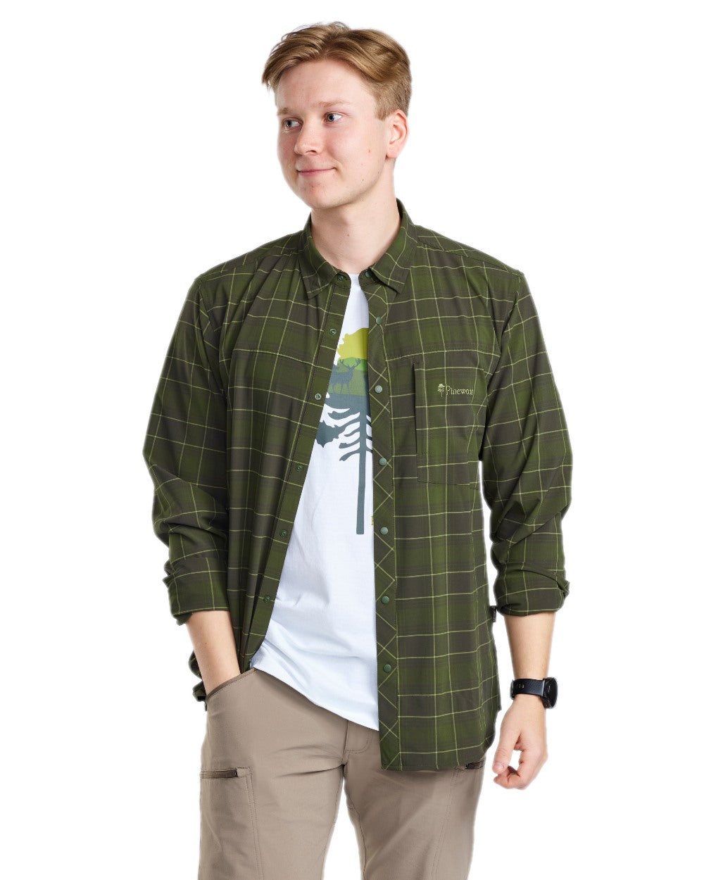 Moss Green Coloured Pinewood Mens Abisko Trekking Long Sleeve Shirt on white background