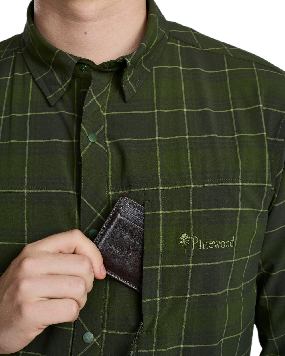 Moss Green Coloured Pinewood Mens Abisko Trekking Long Sleeve Shirt on white background