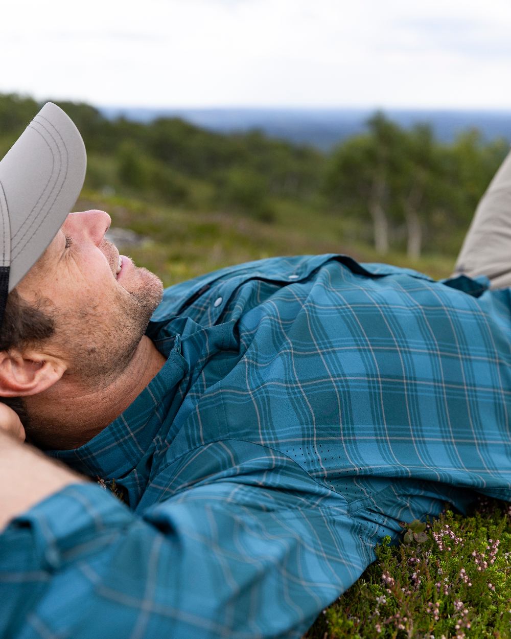Teal Blue Coloured Pinewood Mens Abisko Trekking Long Sleeve Shirt on outdoor background