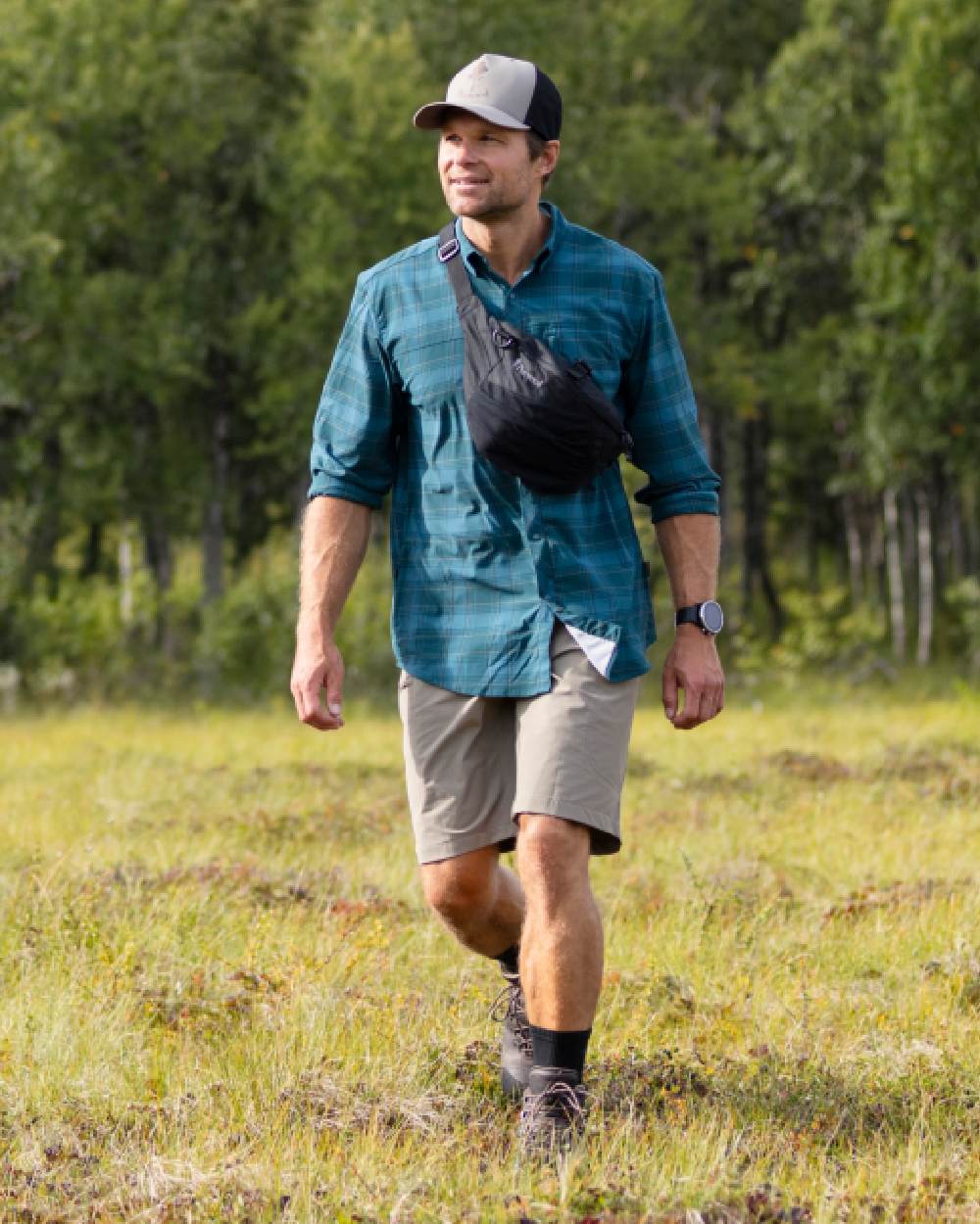 Teal Blue Coloured Pinewood Mens Abisko Trekking Long Sleeve Shirt on outdoor background