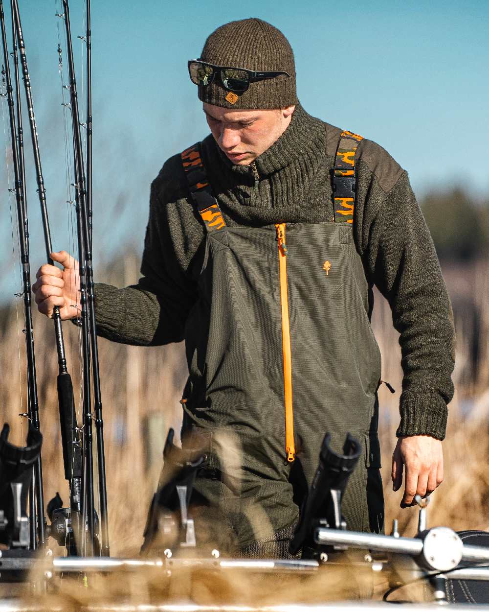 Green Dark Green Coloured Pinewood Mens Bolmen Fishing Bib Trousers on outdoor background