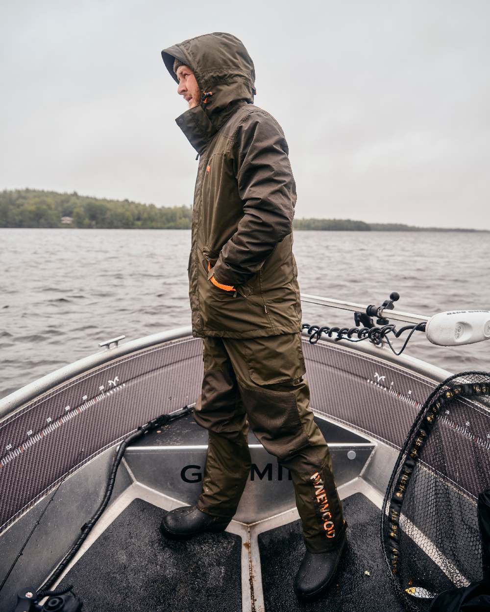 Green Dark Green Coloured Pinewood Mens Bolmen Fishing Bib Trousers on outdoor background