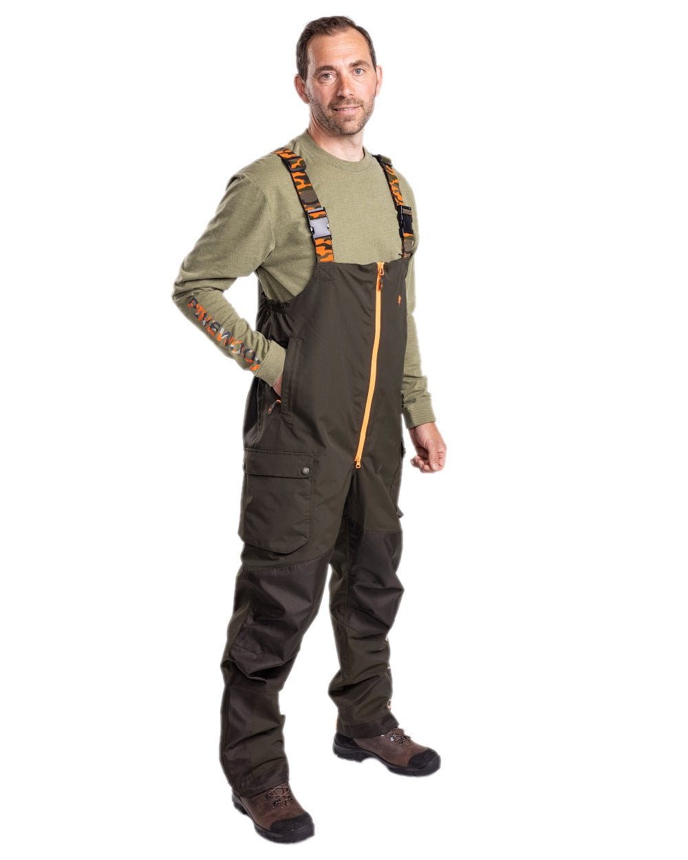 Green Dark Green Coloured Pinewood Mens Bolmen Fishing Bib Trousers on white background