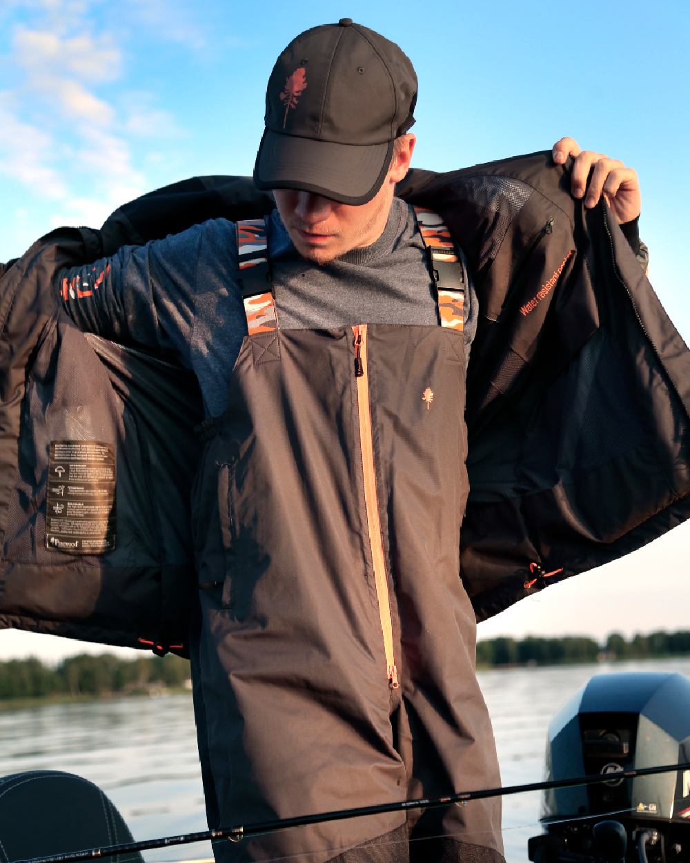 Dark Anthracite Black Coloured Pinewood Mens Bolmen Fishing Jacket on outdoor background