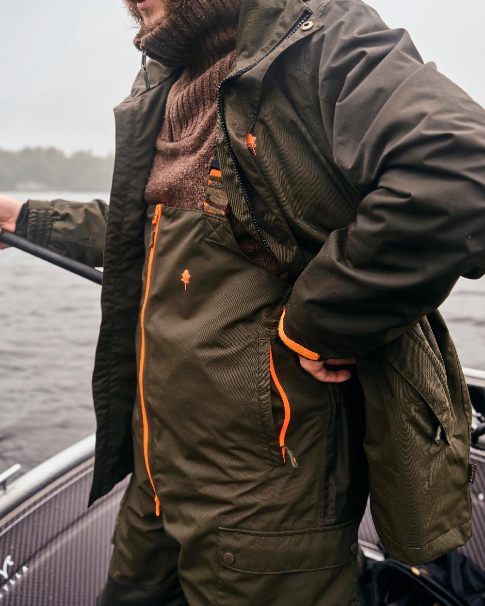 Green Dark Green Coloured Pinewood Mens Bolmen Fishing Jacket on outdoor background