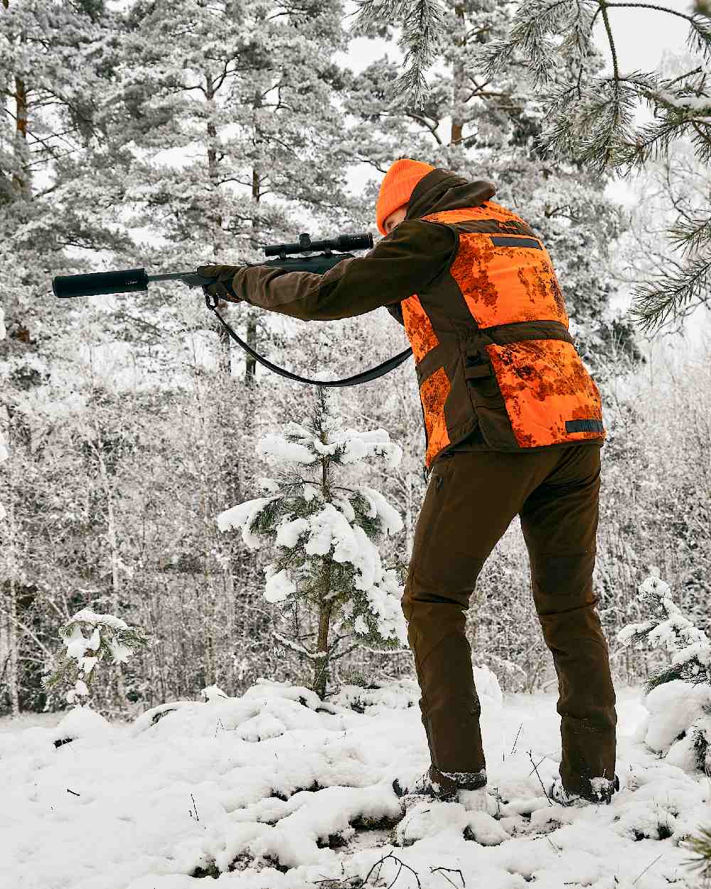 Suede Brown Dark Olive Coloured Pinewood Mens Caribou Hunt Extreme Trousers on snow background