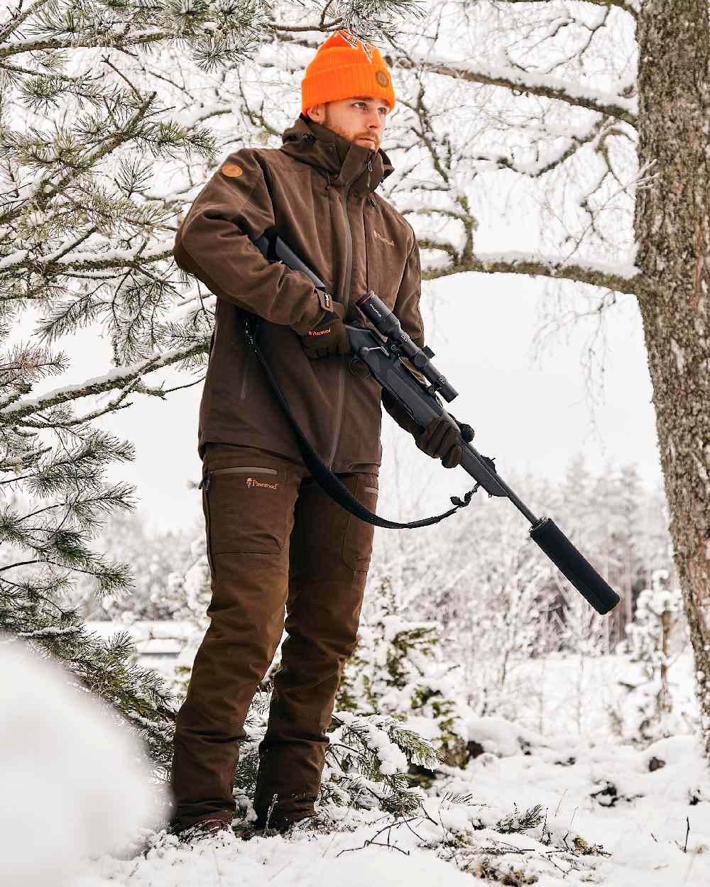 Suede Brown Dark Olive Coloured Pinewood Mens Caribou Hunt Extreme Trousers on snow background