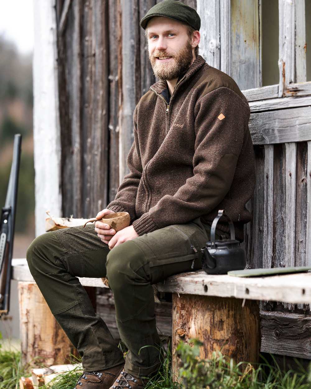 Dark Mossgreen Coloured Pinewood Mens Caribou Hunting Trousers on outdoor background