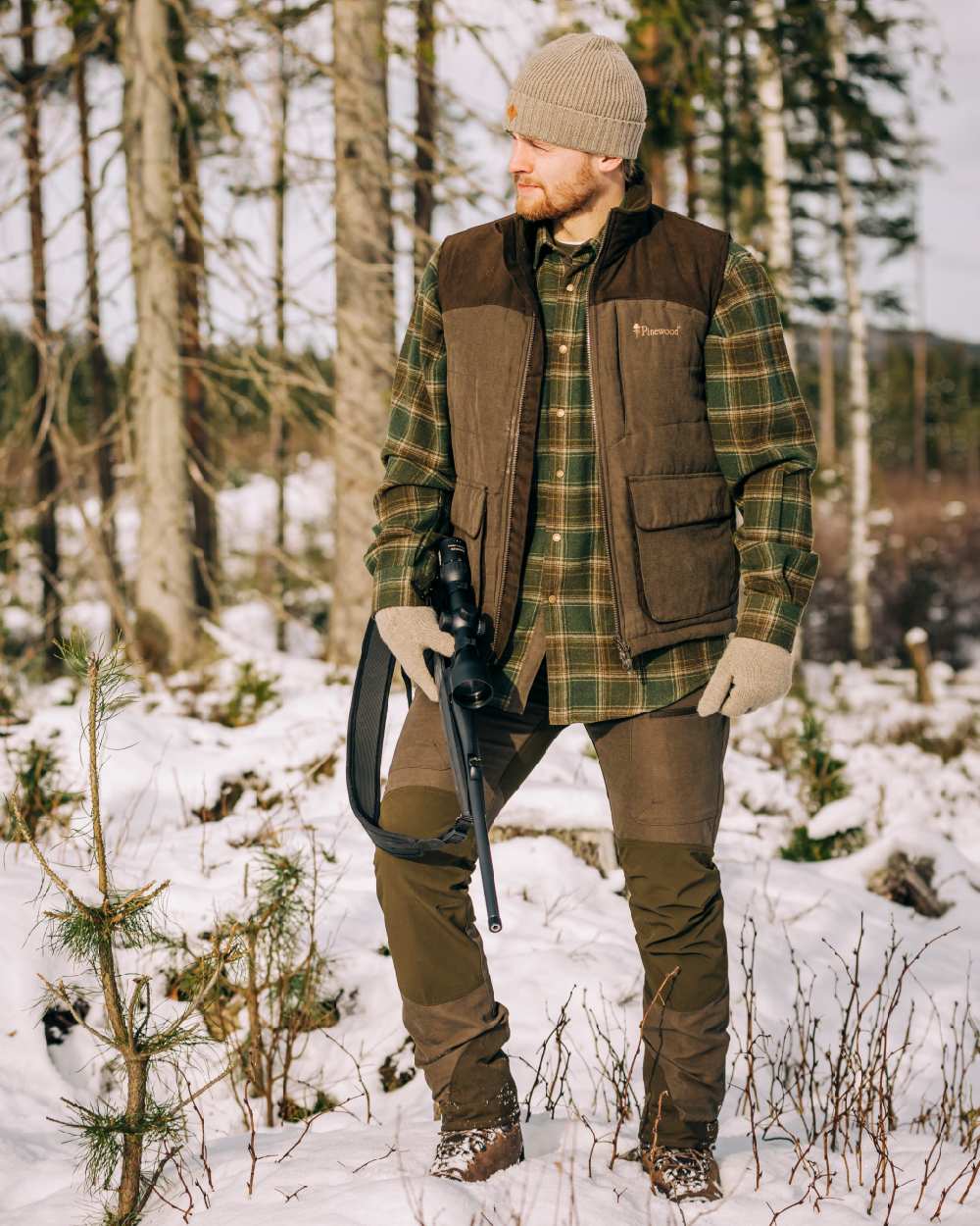 Suede Brown Dark Olive Coloured Pinewood Mens Caribou Hunting Trousers on outdoor background