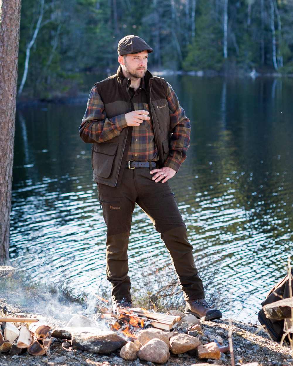 Suede Brown Dark Olive Coloured Pinewood Mens Caribou Hunting Trousers on outdoor background